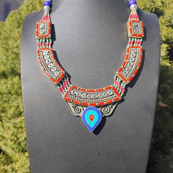 Handmade Tibetan Silver Turquoise Coral Lapis Lazuli Necklace Tribal - Picture 3 of 10